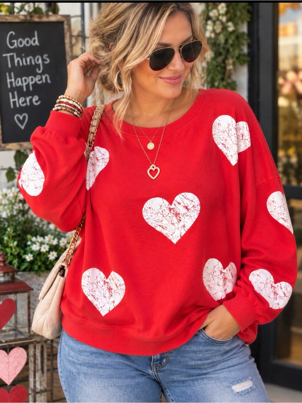 Oddy Red White Heart Oversized Sweatshirt 2XL 100% Cotton Valentine